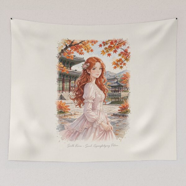 Item preview, South Korea Seoul Gyeongbokgung Palace with a Sweet Redhead Traveler in a Romantic Pink Dress, Autumn Garden and Traditional Korean Landscape designed and sold by DibujandoPorfa.