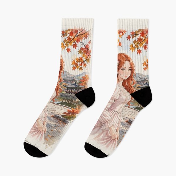 Item preview, South Korea Seoul Gyeongbokgung Palace with a Sweet Redhead Traveler in a Romantic Pink Dress, Autumn Garden and Traditional Korean Landscape designed and sold by DibujandoPorfa.