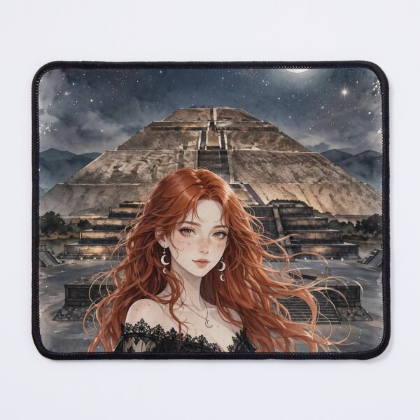 Item preview, Mexico Teotihuacan Pyramids at Night with an Enchanting Redhead Traveler in an Elegant Gothic Black Dress, Moonlit Ancient Landscape and Mystical Journey designed and sold by DibujandoPorfa.