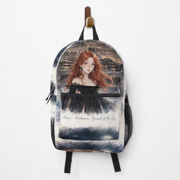 Item preview, Mexico Teotihuacan Pyramids at Night with an Enchanting Redhead Traveler in an Elegant Gothic Black Dress, Moonlit Ancient Landscape and Mystical Journey designed and sold by DibujandoPorfa.