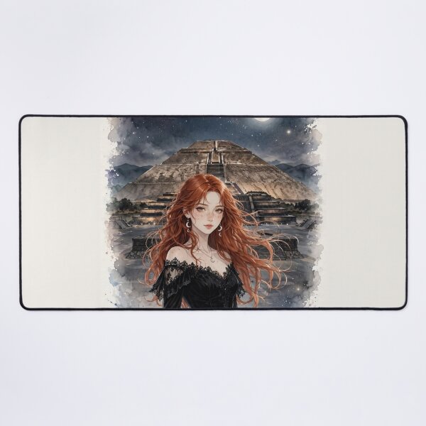 Item preview, Mexico Teotihuacan Pyramids at Night with an Enchanting Redhead Traveler in an Elegant Gothic Black Dress, Moonlit Ancient Landscape and Mystical Journey designed and sold by DibujandoPorfa.