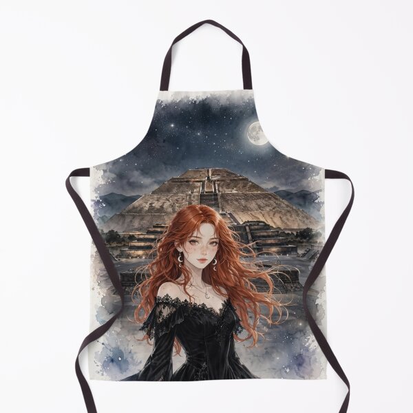 Item preview, Mexico Teotihuacan Pyramids at Night with an Enchanting Redhead Traveler in an Elegant Gothic Black Dress, Moonlit Ancient Landscape and Mystical Journey designed and sold by DibujandoPorfa.