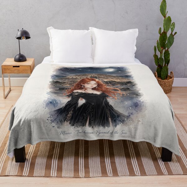 Item preview, Mexico Teotihuacan Pyramids at Night with an Enchanting Redhead Traveler in an Elegant Gothic Black Dress, Moonlit Ancient Landscape and Mystical Journey designed and sold by DibujandoPorfa.