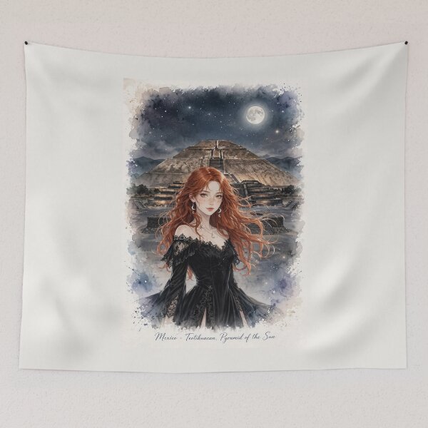 Item preview, Mexico Teotihuacan Pyramids at Night with an Enchanting Redhead Traveler in an Elegant Gothic Black Dress, Moonlit Ancient Landscape and Mystical Journey designed and sold by DibujandoPorfa.
