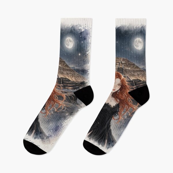 Item preview, Mexico Teotihuacan Pyramids at Night with an Enchanting Redhead Traveler in an Elegant Gothic Black Dress, Moonlit Ancient Landscape and Mystical Journey designed and sold by DibujandoPorfa.