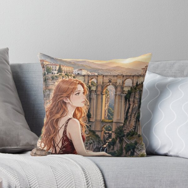 Item preview, Spain Ronda with a Graceful Redhead Traveler in an Elegant Dark Red Dress, Historic Stone Bridge and Breathtaking Mountain Landscape designed and sold by DibujandoPorfa.