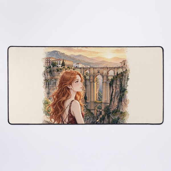 Item preview, Spain Ronda with a Graceful Redhead Traveler in an Elegant Dark Red Dress, Historic Stone Bridge and Breathtaking Mountain Landscape designed and sold by DibujandoPorfa.