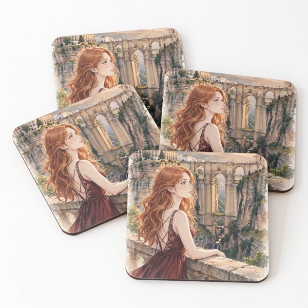 Item preview, Spain Ronda with a Graceful Redhead Traveler in an Elegant Dark Red Dress, Historic Stone Bridge and Breathtaking Mountain Landscape designed and sold by DibujandoPorfa.
