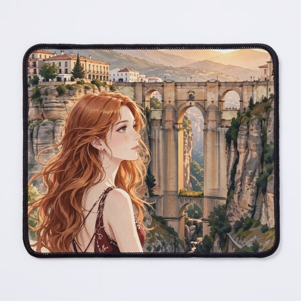 Item preview, Spain Ronda with a Graceful Redhead Traveler in an Elegant Dark Red Dress, Historic Stone Bridge and Breathtaking Mountain Landscape designed and sold by DibujandoPorfa.