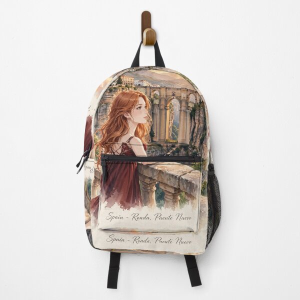 Item preview, Spain Ronda with a Graceful Redhead Traveler in an Elegant Dark Red Dress, Historic Stone Bridge and Breathtaking Mountain Landscape designed and sold by DibujandoPorfa.
