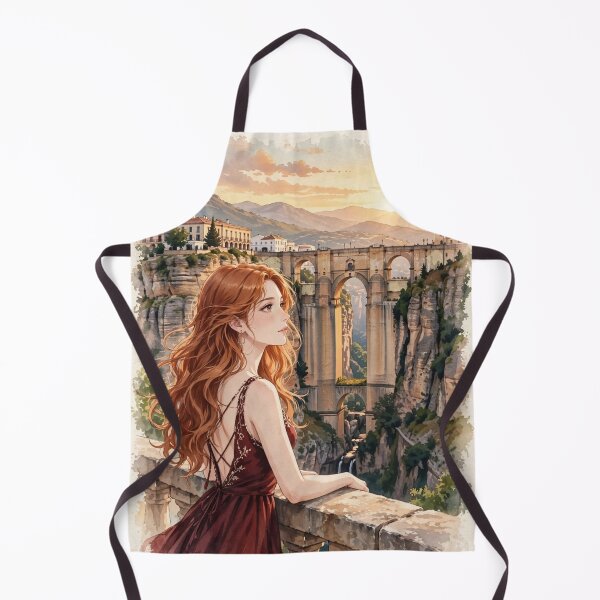 Item preview, Spain Ronda with a Graceful Redhead Traveler in an Elegant Dark Red Dress, Historic Stone Bridge and Breathtaking Mountain Landscape designed and sold by DibujandoPorfa.