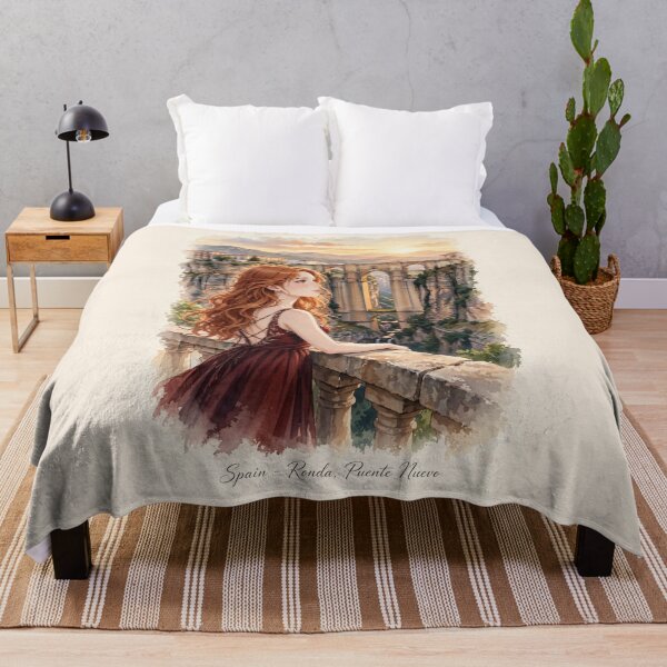 Item preview, Spain Ronda with a Graceful Redhead Traveler in an Elegant Dark Red Dress, Historic Stone Bridge and Breathtaking Mountain Landscape designed and sold by DibujandoPorfa.