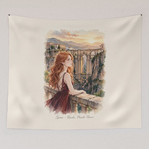 Item preview, Spain Ronda with a Graceful Redhead Traveler in an Elegant Dark Red Dress, Historic Stone Bridge and Breathtaking Mountain Landscape designed and sold by DibujandoPorfa.
