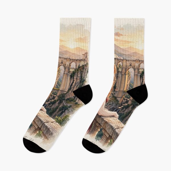 Item preview, Spain Ronda with a Graceful Redhead Traveler in an Elegant Dark Red Dress, Historic Stone Bridge and Breathtaking Mountain Landscape designed and sold by DibujandoPorfa.
