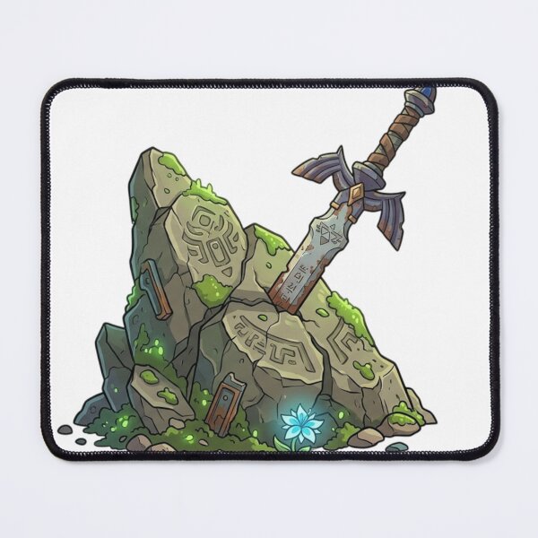 Item preview, The Master Sword is jammed deep into a moss-covered, rune-carved monolith. designed and sold by gorillazone_co.