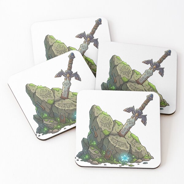 Item preview,  The Master Sword is jammed deep into a moss-covered, rune-carved monolith. designed and sold by gorillazone_co.