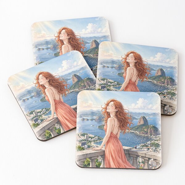 Item preview, Brazil Rio de Janeiro with a Radiant Redhead Traveler in a Coral Dress, Ocean View and Breathtaking Tropical Mountain City Landscape designed and sold by DibujandoPorfa.