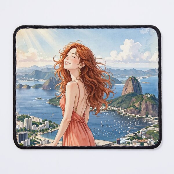 Item preview, Brazil Rio de Janeiro with a Radiant Redhead Traveler in a Coral Dress, Ocean View and Breathtaking Tropical Mountain City Landscape designed and sold by DibujandoPorfa.