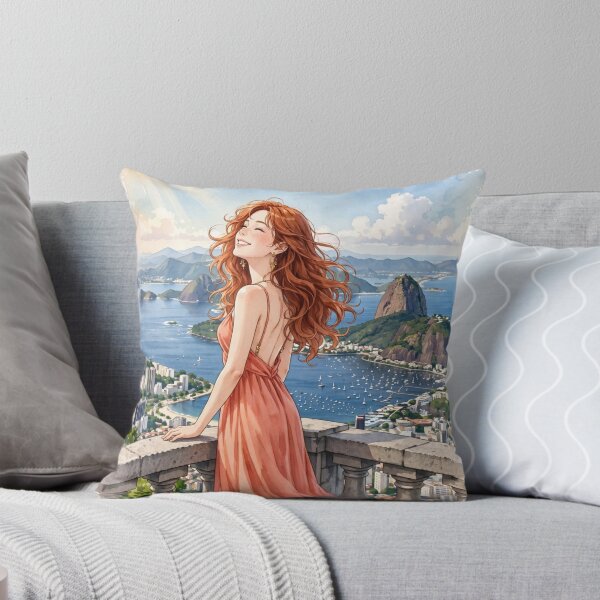 Item preview, Brazil Rio de Janeiro with a Radiant Redhead Traveler in a Coral Dress, Ocean View and Breathtaking Tropical Mountain City Landscape designed and sold by DibujandoPorfa.