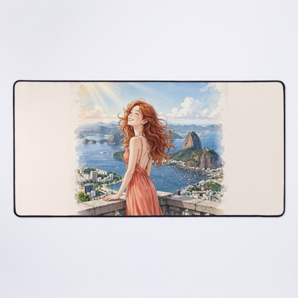 Item preview, Brazil Rio de Janeiro with a Radiant Redhead Traveler in a Coral Dress, Ocean View and Breathtaking Tropical Mountain City Landscape designed and sold by DibujandoPorfa.