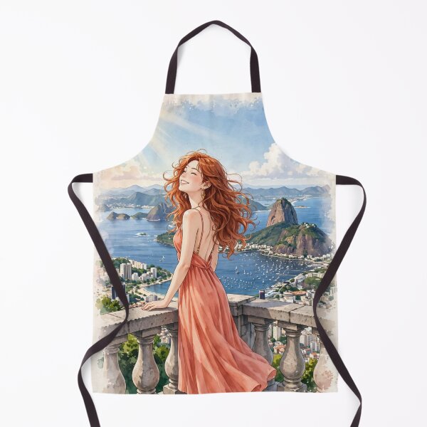 Item preview, Brazil Rio de Janeiro with a Radiant Redhead Traveler in a Coral Dress, Ocean View and Breathtaking Tropical Mountain City Landscape designed and sold by DibujandoPorfa.