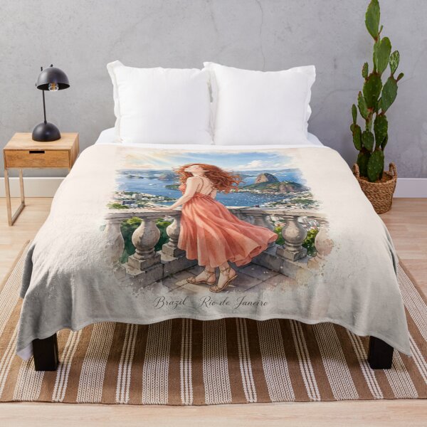 Item preview, Brazil Rio de Janeiro with a Radiant Redhead Traveler in a Coral Dress, Ocean View and Breathtaking Tropical Mountain City Landscape designed and sold by DibujandoPorfa.