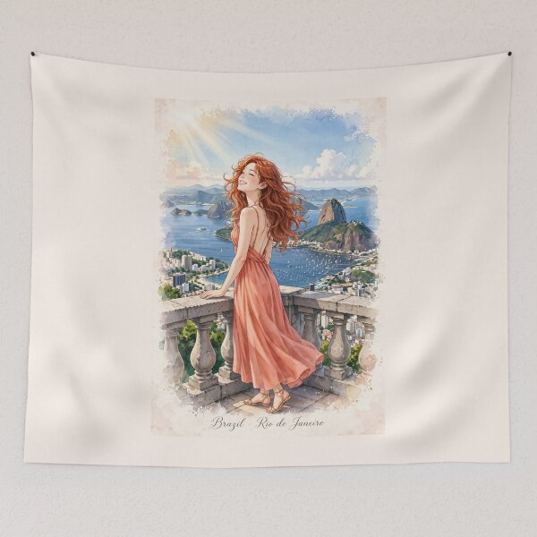 Item preview, Brazil Rio de Janeiro with a Radiant Redhead Traveler in a Coral Dress, Ocean View and Breathtaking Tropical Mountain City Landscape designed and sold by DibujandoPorfa.