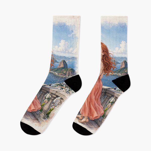 Item preview, Brazil Rio de Janeiro with a Radiant Redhead Traveler in a Coral Dress, Ocean View and Breathtaking Tropical Mountain City Landscape designed and sold by DibujandoPorfa.