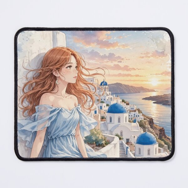 Item preview, Greece Santorini with a Beautiful Redhead Traveler in a Flowing Blue Dress, White Village and Dreamy Mediterranean Sea View designed and sold by DibujandoPorfa.