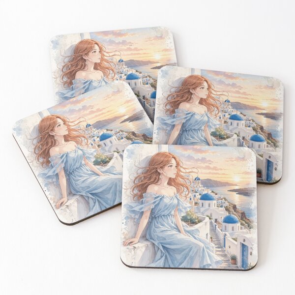 Item preview,  Greece Santorini with a Beautiful Redhead Traveler in a Flowing Blue Dress, White Village and Dreamy Mediterranean Sea View designed and sold by DibujandoPorfa.