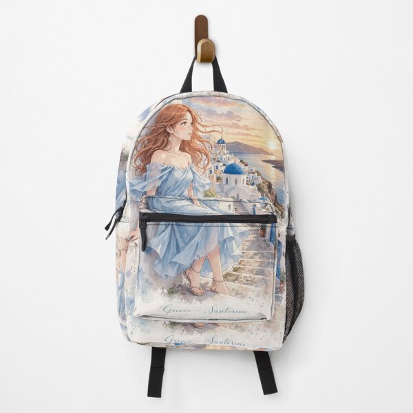 Item preview, Greece Santorini with a Beautiful Redhead Traveler in a Flowing Blue Dress, White Village and Dreamy Mediterranean Sea View designed and sold by DibujandoPorfa.