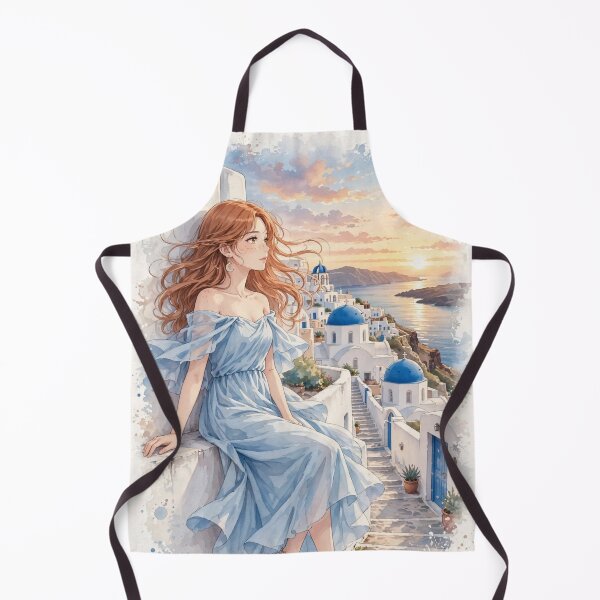Item preview,  Greece Santorini with a Beautiful Redhead Traveler in a Flowing Blue Dress, White Village and Dreamy Mediterranean Sea View designed and sold by DibujandoPorfa.