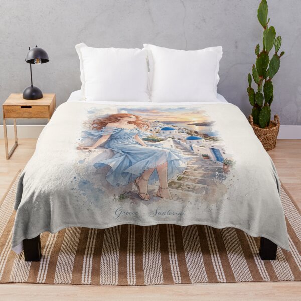 Item preview,  Greece Santorini with a Beautiful Redhead Traveler in a Flowing Blue Dress, White Village and Dreamy Mediterranean Sea View designed and sold by DibujandoPorfa.
