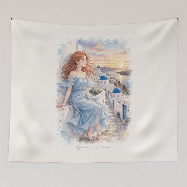 Item preview,  Greece Santorini with a Beautiful Redhead Traveler in a Flowing Blue Dress, White Village and Dreamy Mediterranean Sea View designed and sold by DibujandoPorfa.