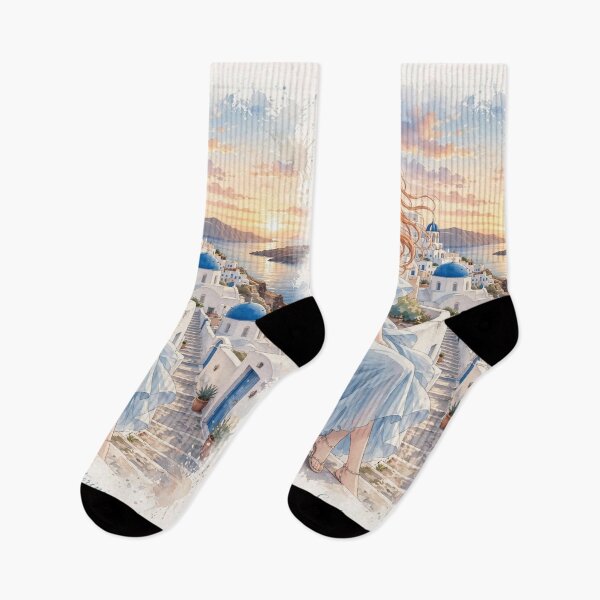 Item preview,  Greece Santorini with a Beautiful Redhead Traveler in a Flowing Blue Dress, White Village and Dreamy Mediterranean Sea View designed and sold by DibujandoPorfa.