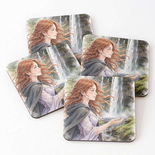 Item preview, Iceland Seljalandsfoss Waterfall with a Delicate Redhead Traveler in a Lavender Dress, Misty Green Landscape and Magical Nordic Scenery designed and sold by DibujandoPorfa.