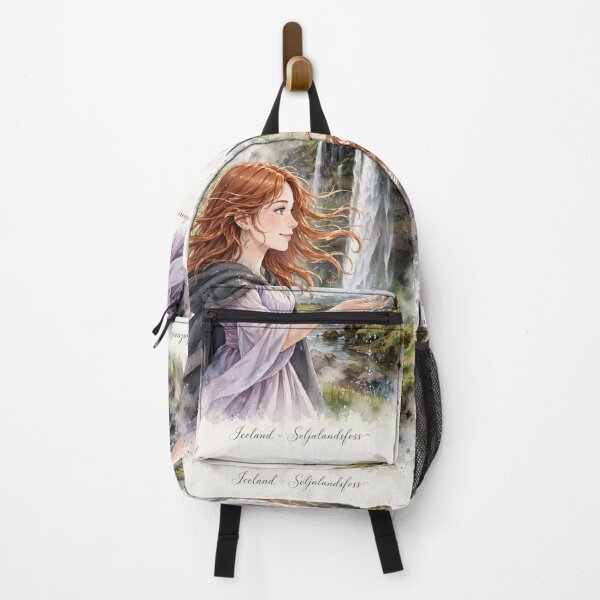 Item preview, Iceland Seljalandsfoss Waterfall with a Delicate Redhead Traveler in a Lavender Dress, Misty Green Landscape and Magical Nordic Scenery designed and sold by DibujandoPorfa.