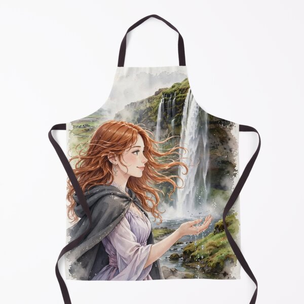 Item preview, Iceland Seljalandsfoss Waterfall with a Delicate Redhead Traveler in a Lavender Dress, Misty Green Landscape and Magical Nordic Scenery designed and sold by DibujandoPorfa.