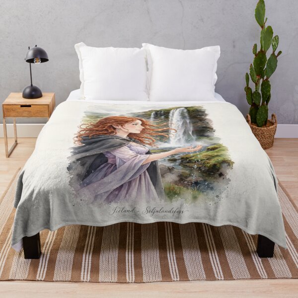 Item preview, Iceland Seljalandsfoss Waterfall with a Delicate Redhead Traveler in a Lavender Dress, Misty Green Landscape and Magical Nordic Scenery designed and sold by DibujandoPorfa.