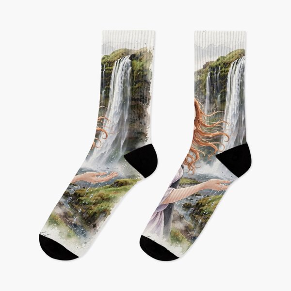 Item preview, Iceland Seljalandsfoss Waterfall with a Delicate Redhead Traveler in a Lavender Dress, Misty Green Landscape and Magical Nordic Scenery designed and sold by DibujandoPorfa.