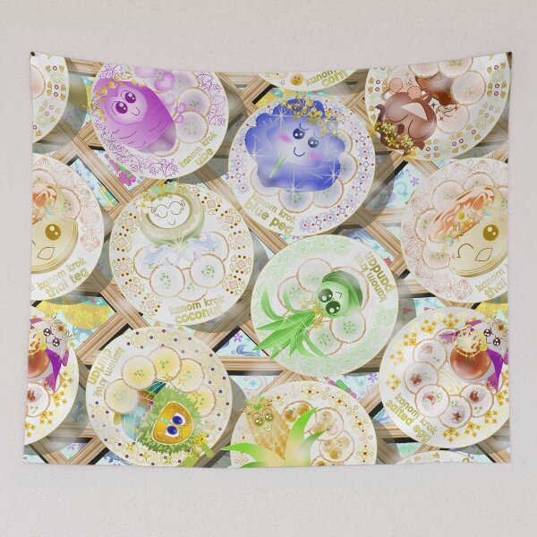 Item preview, Kawaii Thai Dessert Kanom Krok Seamless Pattern Bamboo Tray Ceramic Plate designed and sold by Vector Loom Studio 9.
