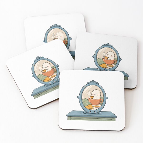 Item preview, Cozy Ghost Drinking Coffee in Vintage Mirror | Cute Kawaii Coffee Lover Art designed and sold by MrDev.
