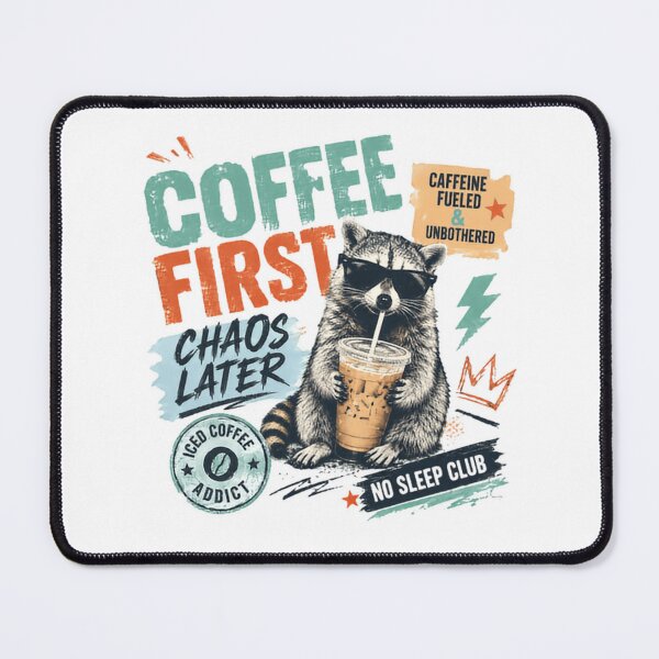 Item preview, Coffee First Chaos Later Raccoon Caffeine Fueled Unbothered Iced Coffee Addict No Sleep Club designed and sold by HumansStuck12.