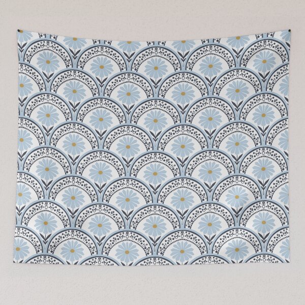 Item preview, Scallop (Fish Scale) Geometric Daisy Hand drawn Mid-Century Light Blue large  designed and sold by RayanneStudios.