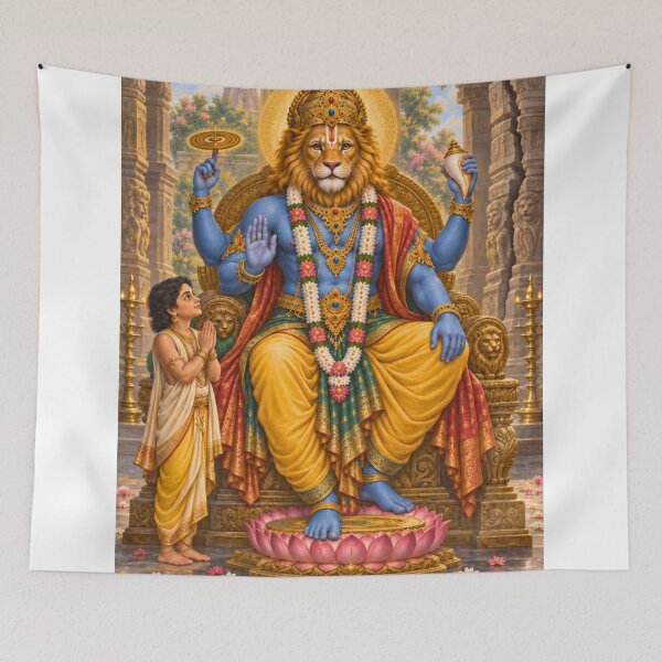 Item preview, Narasimha Avatar of Lord Vishnu - Prahlada Devotional Art designed and sold by Homyar.