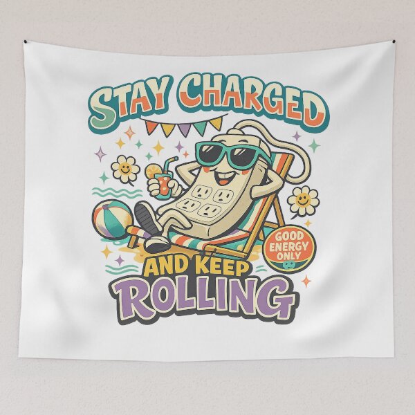 Item preview, Stay Charged and Keep Rolling Funny Power Strip Positive Energy Retro Art designed and sold by inkoutninja.