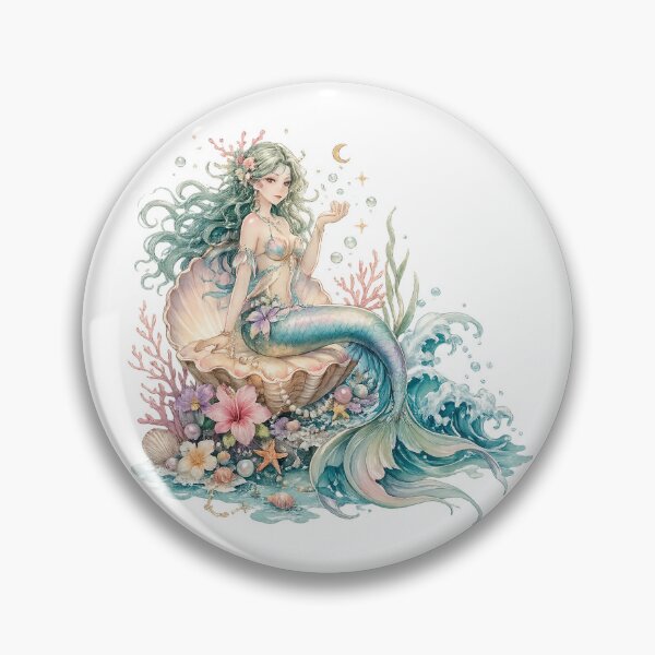 Item preview, Mermaid with Pearls Coral Seashells Ocean Fantasy Pastel Watercolor Art designed and sold by inkoutninja.