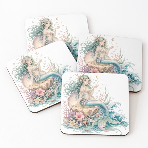 Item preview, Mermaid with Pearls Coral Seashells Ocean Fantasy Pastel Watercolor Art designed and sold by inkoutninja.