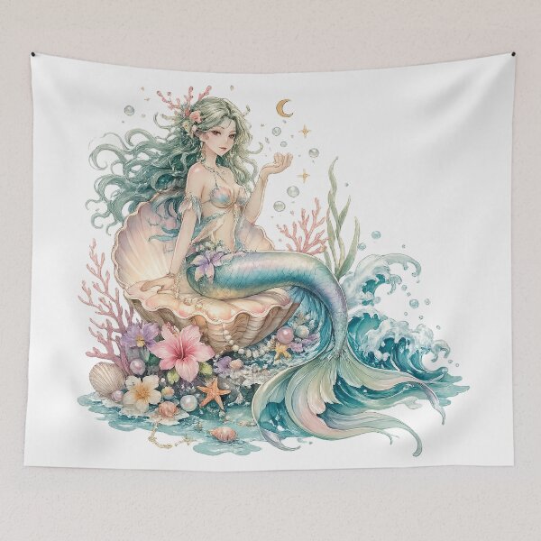 Item preview, Mermaid with Pearls Coral Seashells Ocean Fantasy Pastel Watercolor Art designed and sold by inkoutninja.