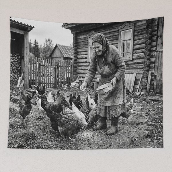 Item preview, Elderly woman feeding chickens in farmyard designed and sold by Solomon-Ent-144.